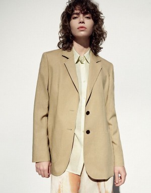 Khaki Women's Urban Revivo Notch Lapel Tailored Blazers | SBA3666UW