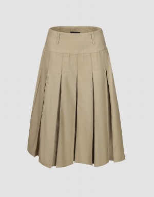 Khaki Women's Urban Revivo Pleated Midi A-Line Skirts | CEI8746TK