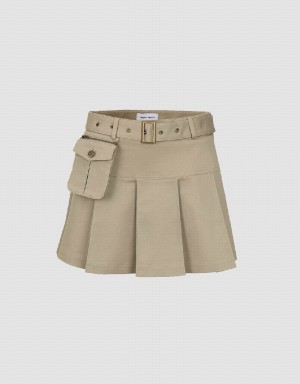 Khaki Women's Urban Revivo Pleated Mini A-Line With Belt Skirts | YTC9833XI