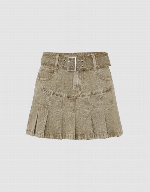 Khaki Women's Urban Revivo Pleated Mini A-Line Denim Skirts | XSL1738CF