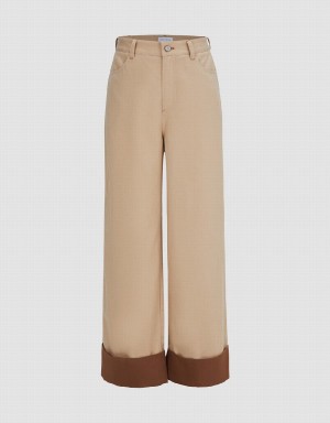 Khaki Women's Urban Revivo Rolled Up Hem Straight Pants | CNO2797XA