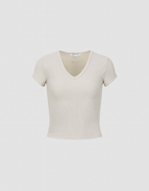 Khaki Women's Urban Revivo Skinny V-Neck Knitted T Shirts | JOC4626LN