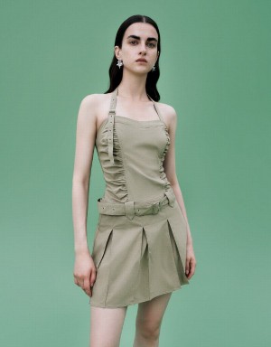 Khaki Women's Urban Revivo Sleeveless A-Line With Belt Dress | NUW7233OW