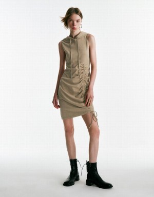 Khaki Women's Urban Revivo Sleeveless Hooded Skater Dress | TFZ283XG