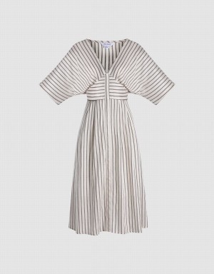 Khaki Women's Urban Revivo Striped Button Front Midi Dress | ZFU7944AO