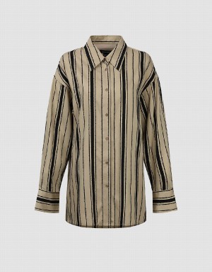 Khaki Women's Urban Revivo Striped Straight Loose Shirts | GNG4117CT