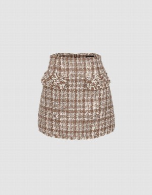 Khaki Women's Urban Revivo Tweed Mini A-Line Skirts | HUO1194FC