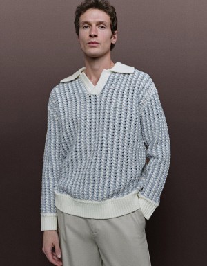 Light Blue Men's Urban Revivo Striped Two Toned Knitted Cardigan | GFV6517JH