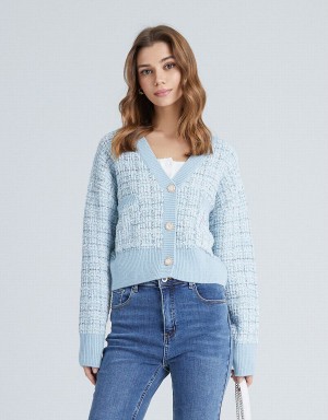 Light Blue Women's Urban Revivo Pocket Tweed Plaid Cardigan | JNM5880ND