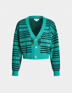 Light Green Women's Urban Revivo Plaid Pattern Drop Shoulder Crop Knit Cardigan | NGC9581LE