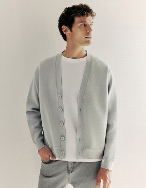 Light Grey Men's Urban Revivo V-Neck Knitted Cardigan | VTC5926QT