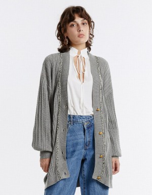 Light Grey Women's Urban Revivo Contrast Trim Cardigan | EHQ9216WH