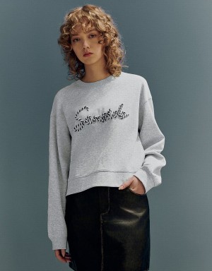 Light Grey Women's Urban Revivo Letter Embroidered Crew Neck Loose Sweatshirts | ONW6269YV