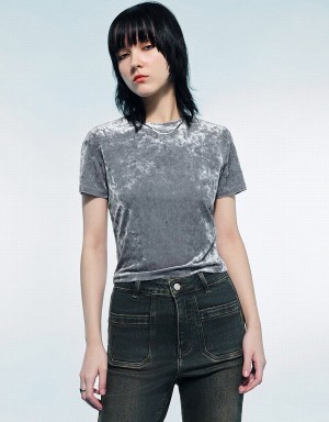 Light Grey Women's Urban Revivo Printed Crew Neck Skinny T Shirts | RQN2992DK