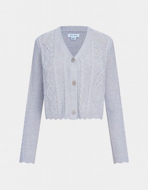 Light Grey Women's Urban Revivo Wave Trim Cable Knit Cardigan | UYS2258UY