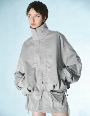 Light Grey Women's Urban Revivo Zipper Front Drop Shoulder Sleeve Jackets | PWX4923BA