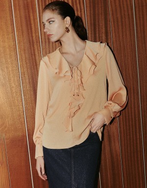 Light Orange Women's Urban Revivo Ruffle V-Neck Overhead Blouse | UAK4530EU