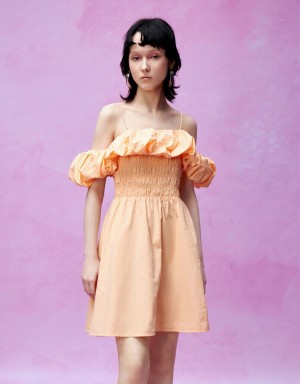 Light Orange Women's Urban Revivo Shirred Ruffle Skater Dress | YGH3487HG