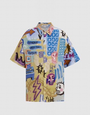 Multicolor Men's Urban Revivo Graffiti Printed Loose Shirts | BNP6793NV