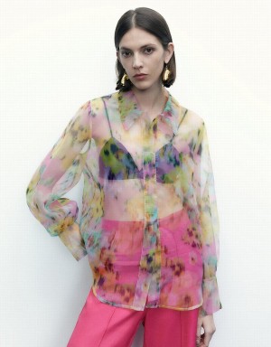 Multicolor Women's Urban Revivo Flowers Printed Sheer Overhead Blouse | NMW6341EE