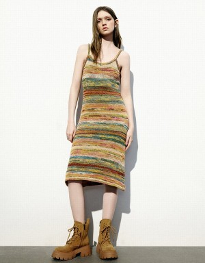 Multicolor Women's Urban Revivo Striped V-Neck Knitted Cami Dress | VXZ6243PN