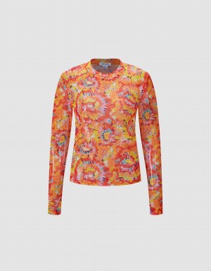 Orange Multicolor Women's Urban Revivo Floral Knitted Top T Shirts | BAA5373EK