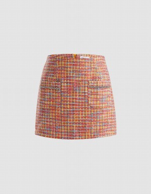 Orange Women's Urban Revivo Patched Pocket Tweed Skirts | MAN81100EO