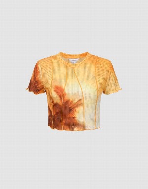 Orange Women's Urban Revivo Printed Crew Neck Skinny T Shirts | FCX3769LA