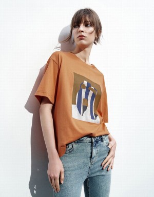 Orange Women's Urban Revivo Printed Loose T Shirts | XSR1062BS