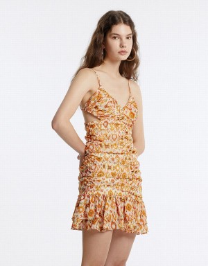 Orange Women's Urban Revivo Ruffled Chiffon Printed Dress | YVH327PG