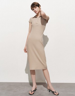 Pink Khaki Women's Urban Revivo Lapel Skinny Dress | JHG7358TQ