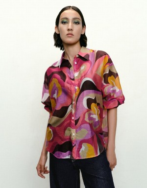 Pink Multicolor Women's Urban Revivo Printed Button Up Lapel Shirts | OUV5182VG