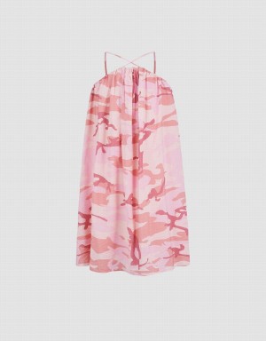 Pink White Women's Urban Revivo Printed Sleeveless V-Neck A-Line Dress | USK71SG