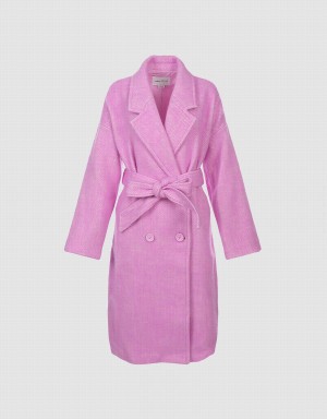 Pink Women's Urban Revivo Belted Woolen Coats | YVY4749NY