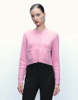 Pink Women's Urban Revivo Button Up Crew Neck Knitted Cardigan | XMD4740YO