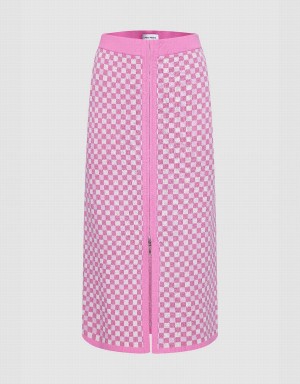 Pink Women's Urban Revivo Checkered Midi Straight Knitted Skirts | RJB5513TE