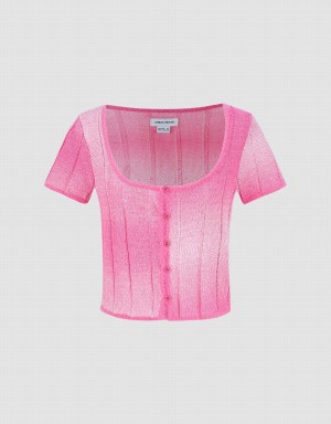 Pink Women's Urban Revivo Crew Neck Knitted Cardigan | IQL3821VG