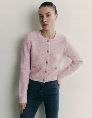 Pink Women's Urban Revivo Crew Neck Knitted With Fake Pockets Cardigan | HVQ6958NX