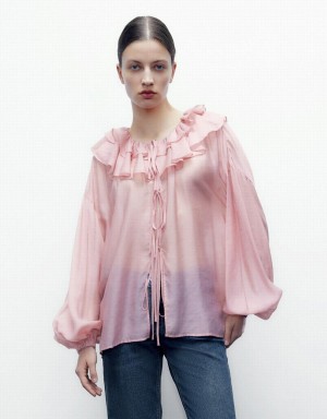 Pink Women's Urban Revivo Drop Should Ruffle Lapel Shirts | APY6254IW