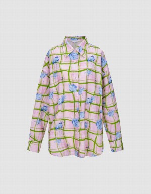 Pink Women's Urban Revivo Flower Printed Straight Shirts | JXC5100EN