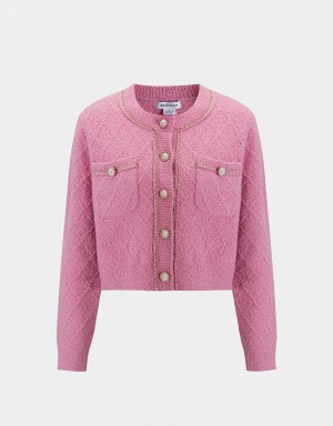 Pink Women's Urban Revivo Fluffy Contrast Trim Faux Pearl Button Cardigan | YIN7660BX