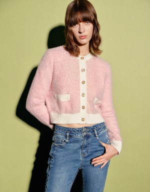 Pink Women's Urban Revivo Furry Crew Neck Knitted Cardigan | LDH8091IT