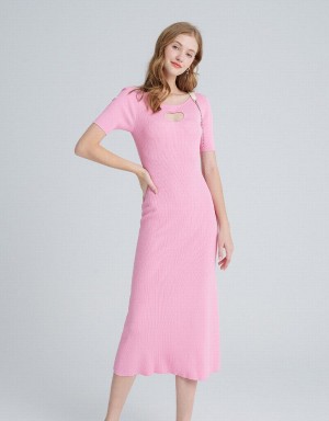 Pink Women's Urban Revivo Heart Cut Out Ribbed Knit Dress | GUZ2046JY