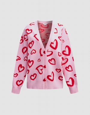 Pink Women's Urban Revivo Heart Pattern Jacquard Button Up Oversized Cardigan | YMT5150XP