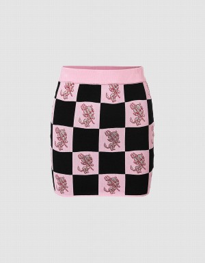 Pink Women's Urban Revivo Hot Stuff Checkered Knitted Skirts | UAT1146TM