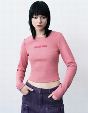 Pink Women's Urban Revivo Letter Embossed Crew Neck Knitted T Shirts | YRH6957HX