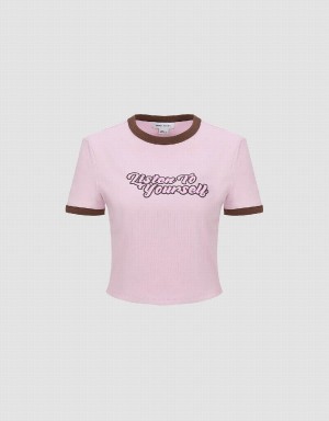 Pink Women's Urban Revivo Letter Printed Crew Neck Regular T Shirts | QPJ4120LC