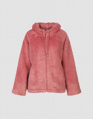 Pink Women's Urban Revivo Raglan Sleeve Zipper Front Furry Jackets | APL9991AZ