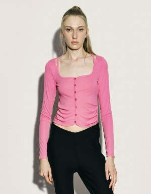 Pink Women's Urban Revivo Ruched Crew Neck Knitted Top Shirts | UPQ5819KL