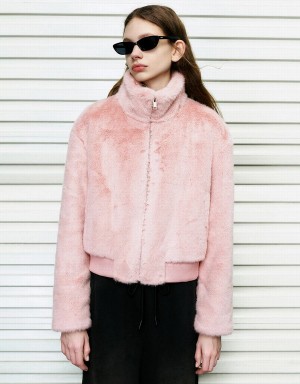 Pink Women's Urban Revivo Stand Collar Straight Furry Coats | IHC5648VT